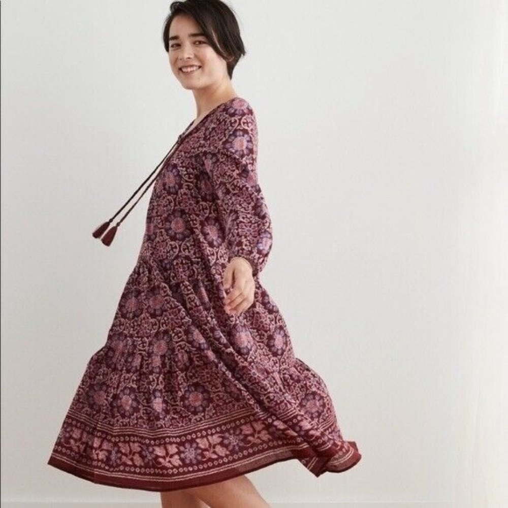 Aerie Womens Indian Floral Midi Dress Sz S Long Sleeve Tiered Boho Festival